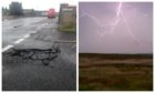 Left: Storm damage in Stornoway, picture by Michaela Fairbrother. Right: Lightning strikes in Newmarket, near Stornoway, picture by Dr Claire Gerrard