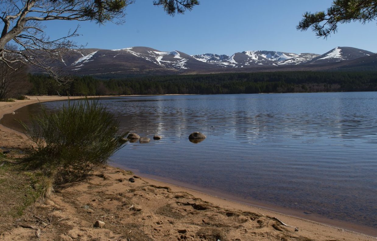 Loch Morlich pre-lockdown with the Cairngorms behind, part of the Cairngorm National Park.