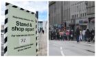 A sign outside Union Square (left) and shoppers queuing on Union Street, Aberdeen (right). Pictures by Darrell Benns and Kath Flannery