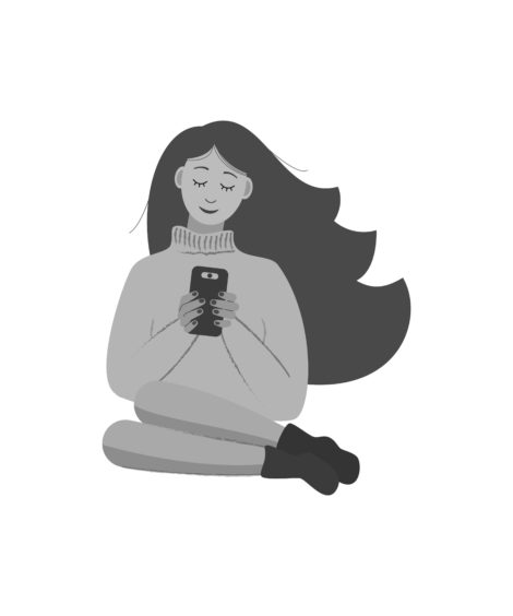 An illustration of a young girl sitting down and looking at her phone.