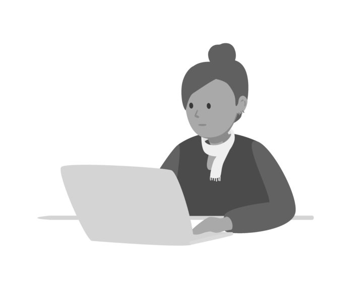 An illustration of a young woman sitting at a table looking at a laptop