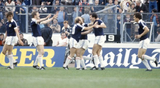 Scotland's Willie Miller (2nd right) celebrates scoring against Wales in 1980 with teammates (l to r): Peter Weir, Paul Hegarty, Archie Gemmill and Joe Jordan)