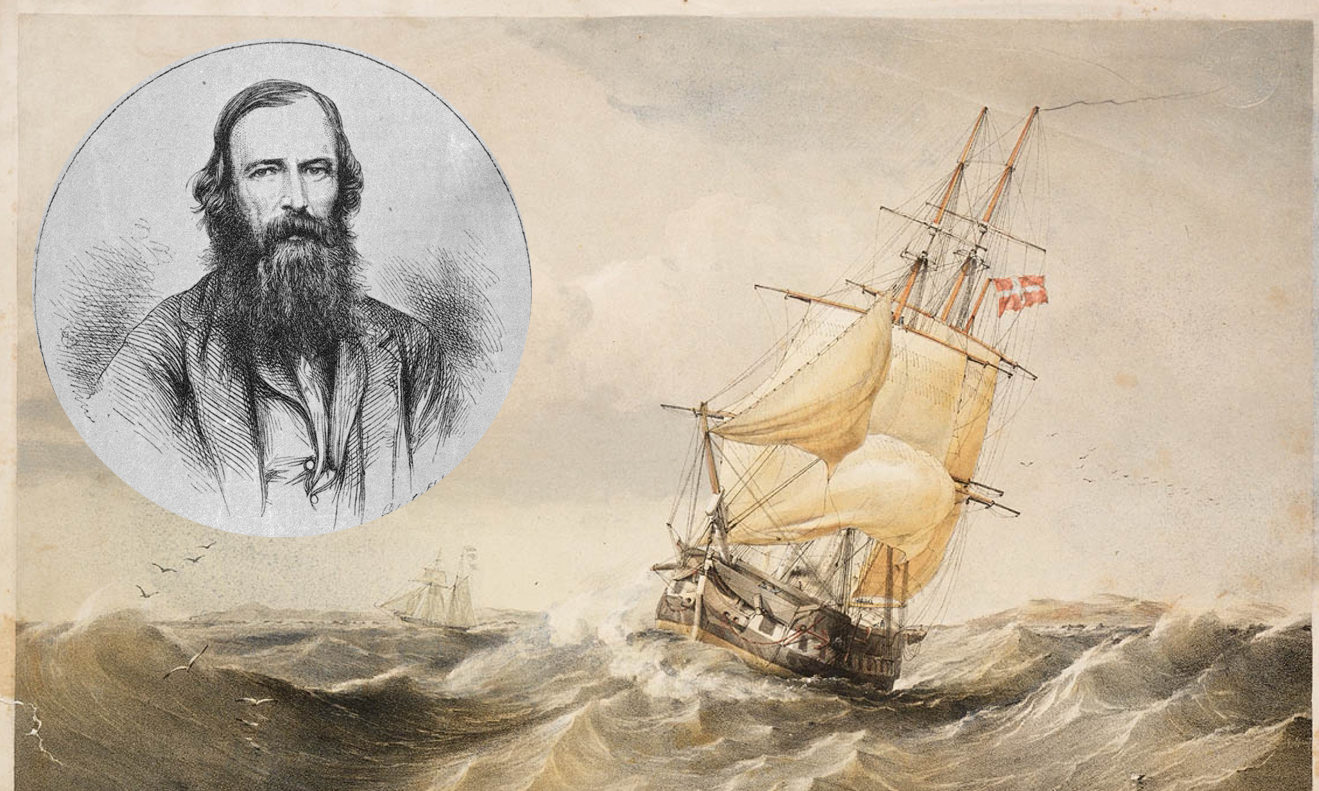 An 1852 sketch by Oswald Brierly of HMS Rattlesnake and Bramble; and, inset, the Aberdeen naturalist John MacGillivray