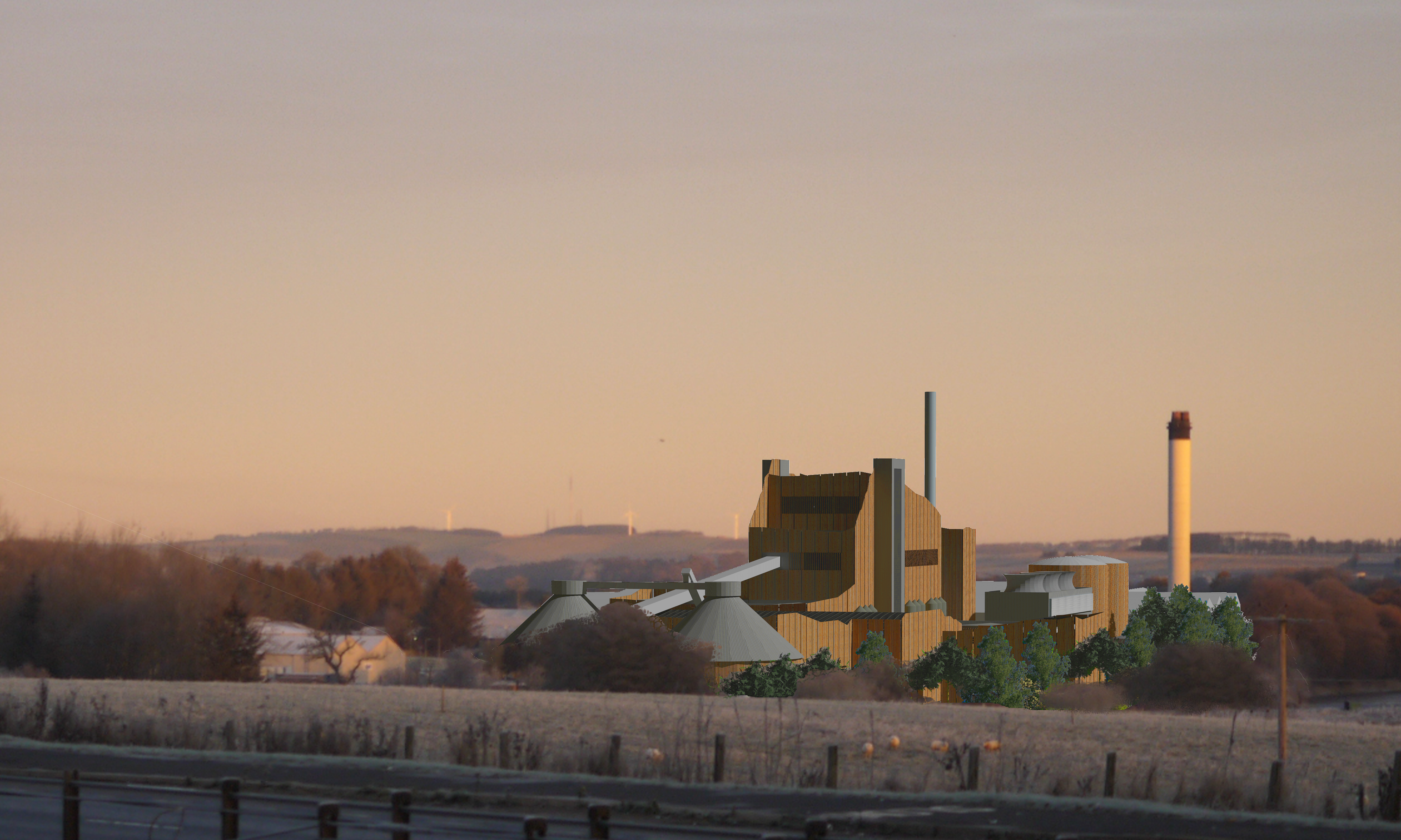 An artist’s impression of the proposed waste incinerator at Thainstone. View from the A96 Aberdeen to Inverness road.