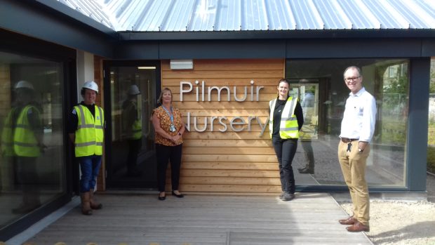 William McKay, Moray Council Architect; Bev Ashworth, Moray Council Nursery Manager; Dawn Marshall, Morrison Construction Site Manager; Robin Paterson, Senior Project Manager ELC Expansion at the new nursery.