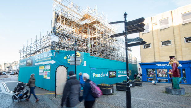 Poundland in Elgin has been shrouded in scaffolding since May 2018.