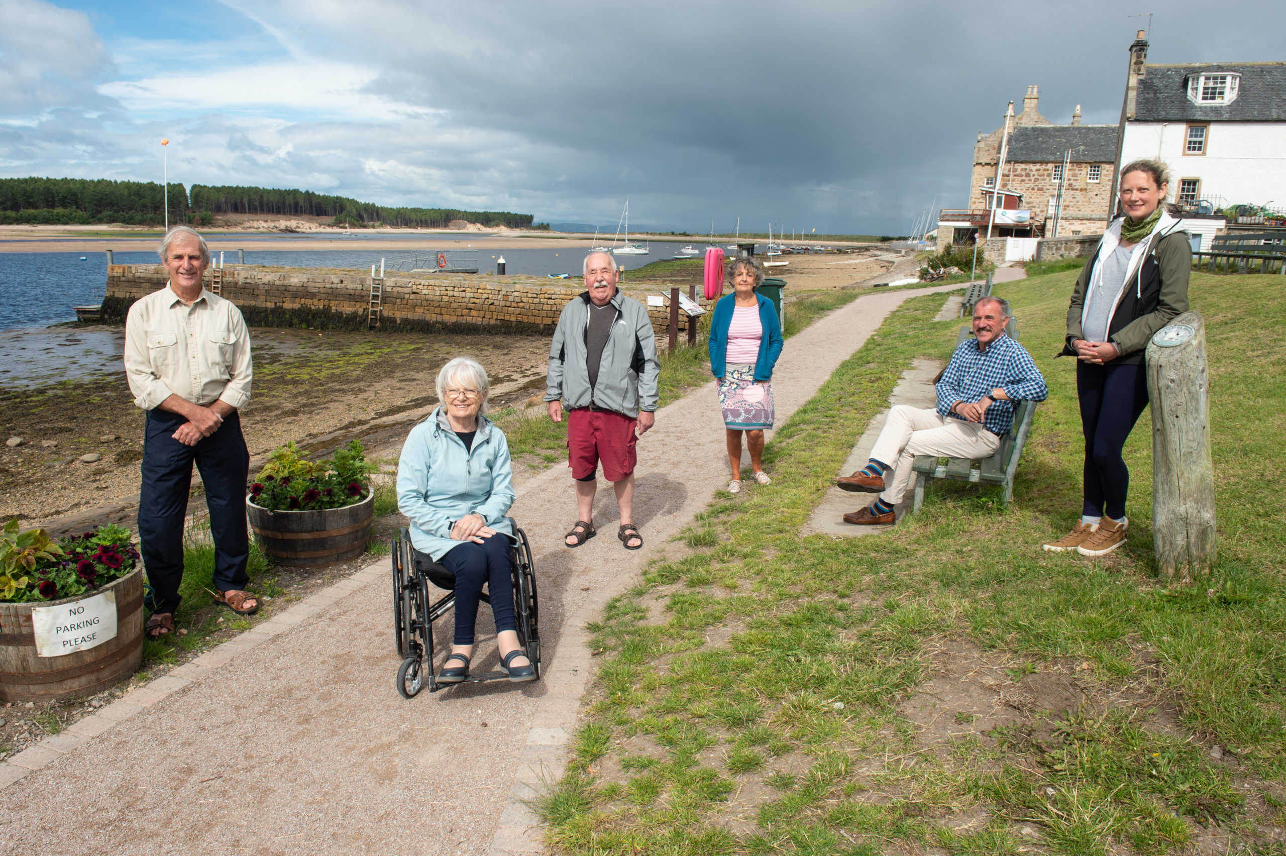 The Findhorn Village Conservation Company has completed a path in memory of local businessman David Urquhart. Pictured: Working group member Donald Watson, local residents Eleanor McDonald and  Stewart McDonald, working group members Joan Miller and Frank Allan, landscape architect Katherine Wolf. Picture by Jason Hedges.