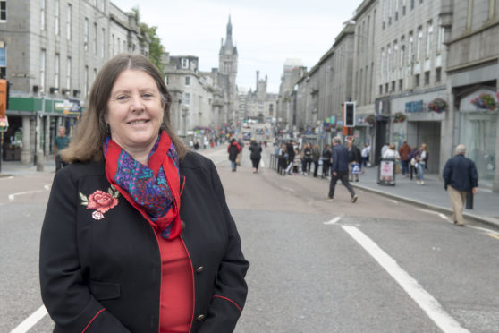 Councillor Sandra Macdonald in the pedestrianised area in Union Street, between Market Street and Bridge Street.