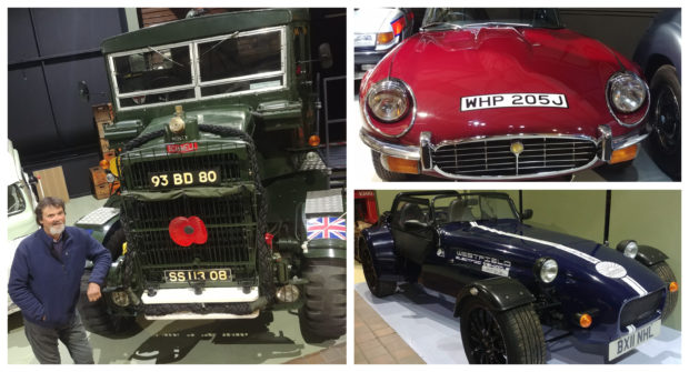 Left: Curator Mike Ward with the Scammel Explorer 6WD tank recovery vehicle. Top right: V12 E-type Jaguar coupe. Bottom right:  A fully electric Westfield sports car