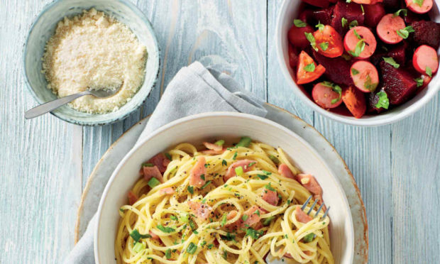 Pasta carbonara with a rosy red salad.