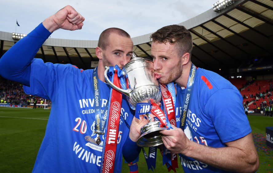 James Vincent and Marley Watkins celebrate Caley Thistle's Scottish Cup win in 2015. Image: SNS