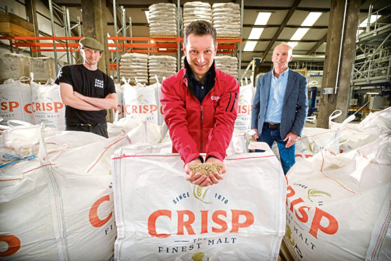 From left, Ed Evans, head brewer, Cold Town Brewery; Colin Johnston, Scottish craft sales manager, Crisp Malt and John Hutcheson, Leckerstone Farm