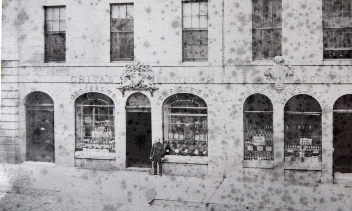 James Chivas, one of the brothers who started the global brand, standing in front of the shop that bears his family name on King Street in 1862.