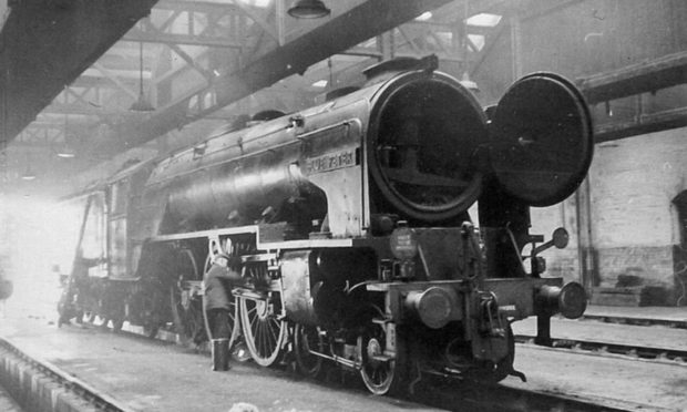 One of the magnificent steam engines that could be found in Ferrhill train sheds in 1966.