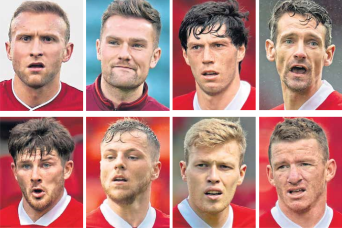 Clockwise, from left, Dylan McGeouch, Mikey Devlin, Scott McKenna, Craig Bryson, Jonny Hayes, Sam Cosgrove, Bruce Anderson and Matty Kennedy - the Aberdeen eight, who were hammered publically for breaching Covid rules.