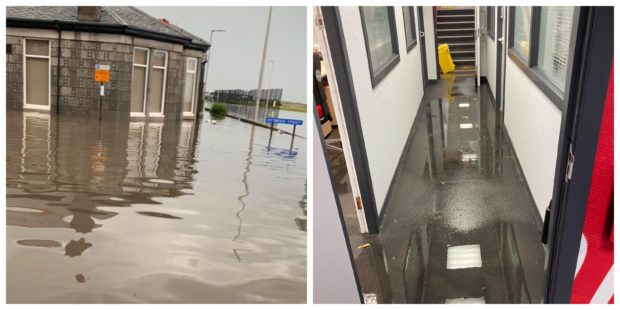 Flooding at Pittodrie yesterday.