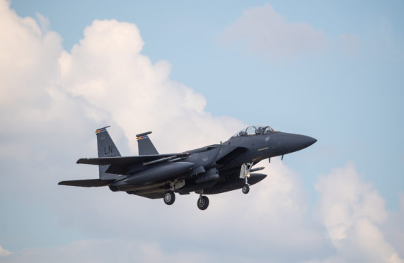 An F15 fighter jet landing at RAF Lakenheath, Suffolk. Joe Giddens/PA Wire