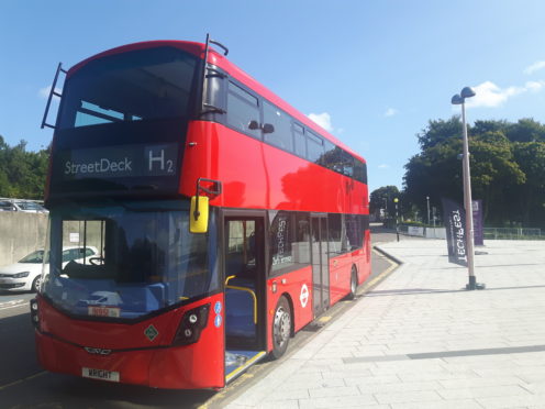 A hydrogen-powered double decker bus.