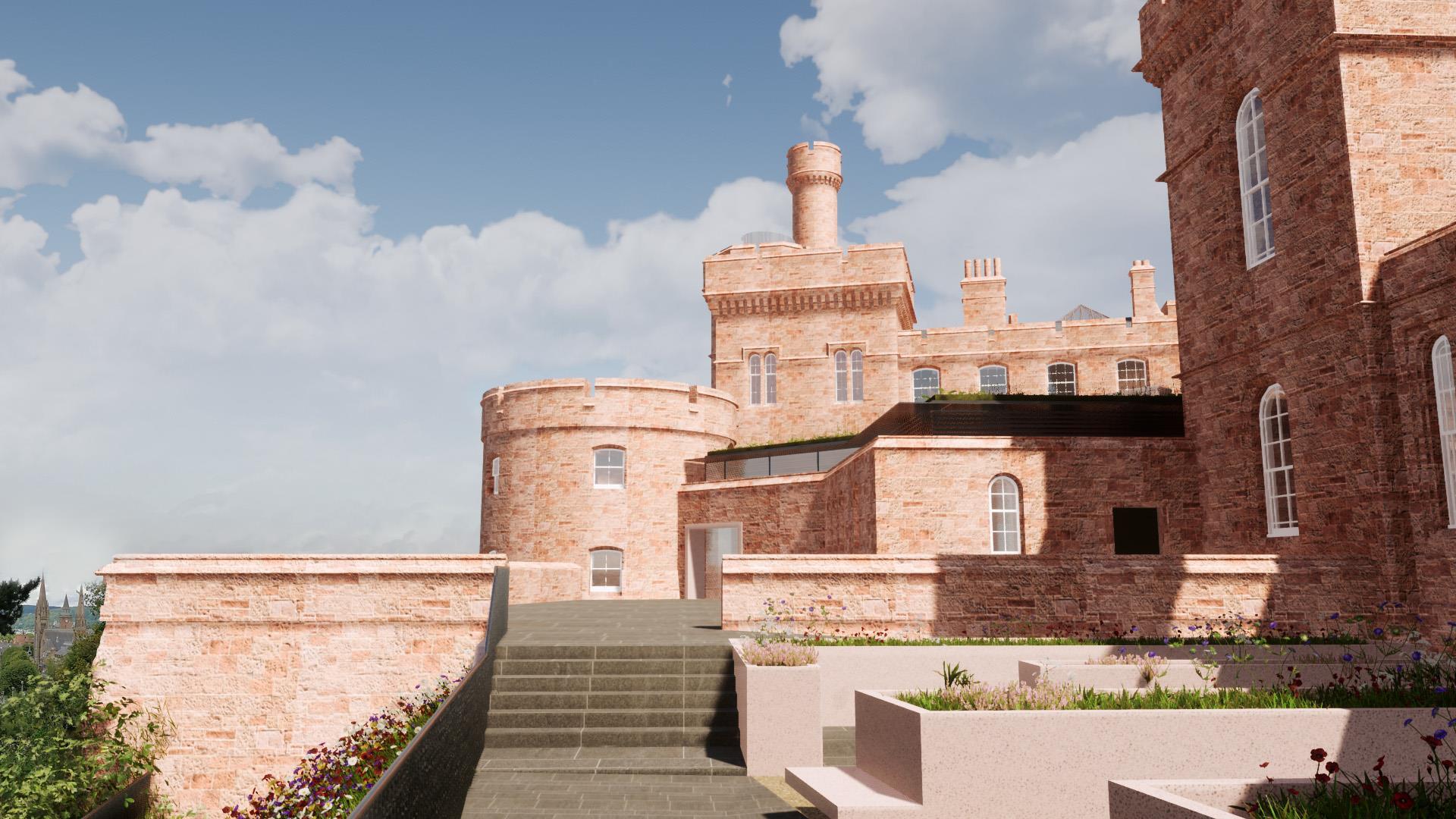 Visualisation. Artist's impression of how the buildings at Inverness Castle may be transformed as the site is developed into a new visitor attraction. 
 
The proposals for the castle?s transformation will include the creation of a one storey building to link the two towers of the castle and create new opportunities to maximise the views from the west side (river-side) of the building. The proposed new link building will also create a wonderful, light space for visitors to the refurbished building.
 Picture shows; Artist?s impressions of Inverness Castle transformation. Inverness. Courtesy The Highland Council  Date; 13/08/2020