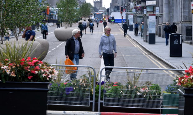 Union Street, between Bridge Street and Market Street, has been completely pedestrianised as part of Spaces For People work in Aberdeen.