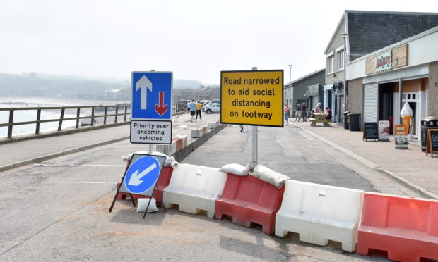 The physical distancing measures on Beach Road, Stonehaven.