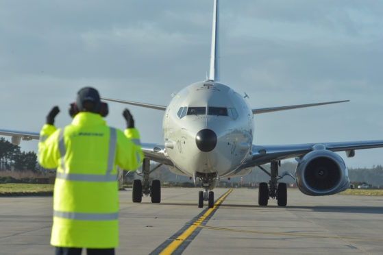 A P-8 Poseidon aircraft at Kinloss Barracks.