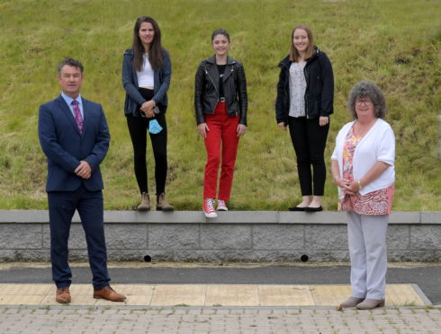 Pictured from left, Head of Education Vincent Docherty, students Megan Kelly, Abbie Johnson, Amy Simpson and councillor Gillian Owen.
Picture by KATH FLANNERY