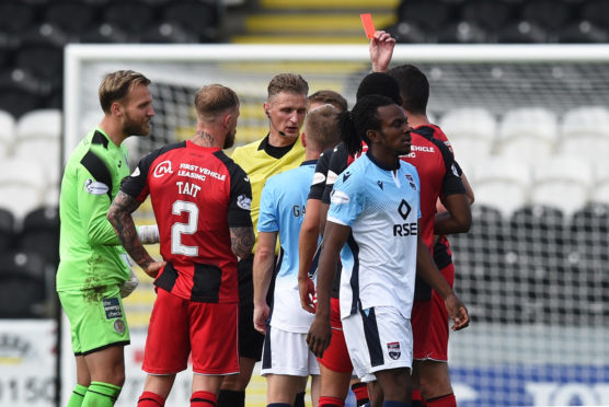 St Mirren's Joe Shaugnessy is shown red by Referee Mike Roncone.