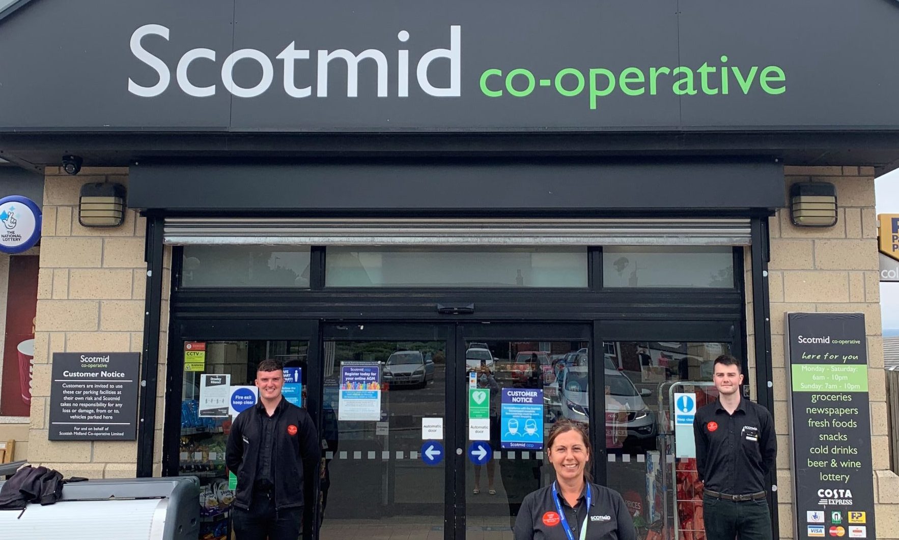 Scotmid staff members in the photo are Fraser Stuart, Elaine Arthur and Dan Barber.