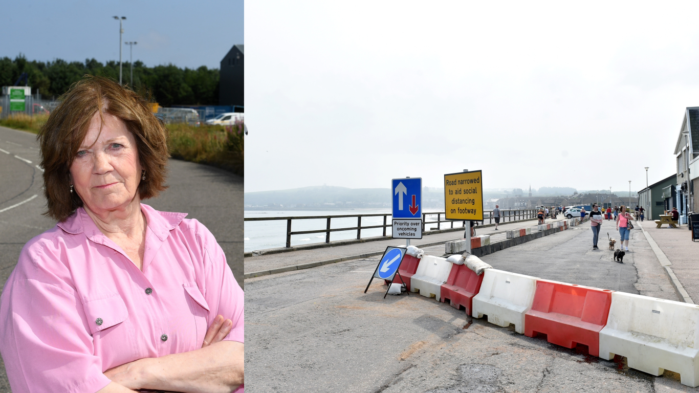 Councillor Wendy Agnew, left, and the Spaces for People measures in Stonehaven