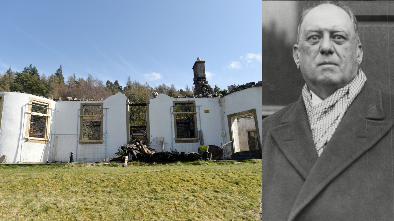 Boleskine House, left, and Aleister Crowley, right
