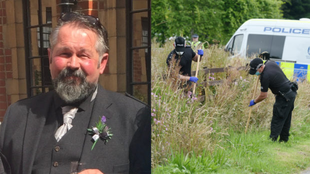 John Birrell, left and police at the scene in Inverness