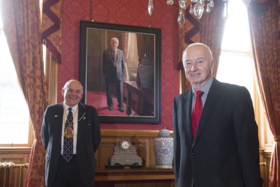 A portrait of former Lord Provost George Adam has been unveiled Picture shows; Barney Crockett and George Adam. Aberdeen City Council. Courtesy Aberdeen City Council Date; 27/08/2020