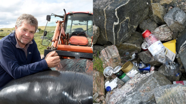 Durness farmer James Mather, left, and litter left behind by wild campers.