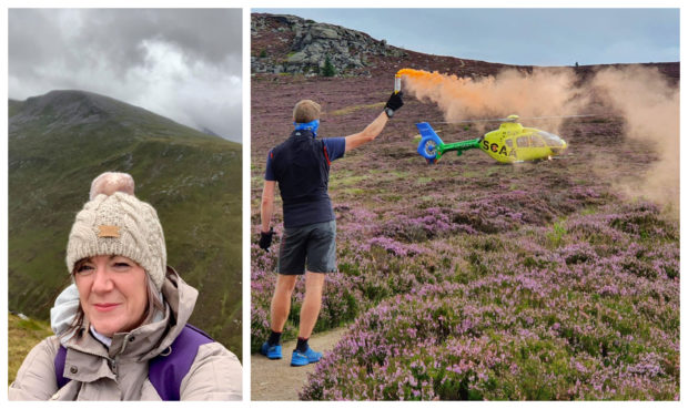 Marion Singleton, left, and SCAA's Helimed 79 aircraft during the operation to rescue her on Bennachie on Saturday