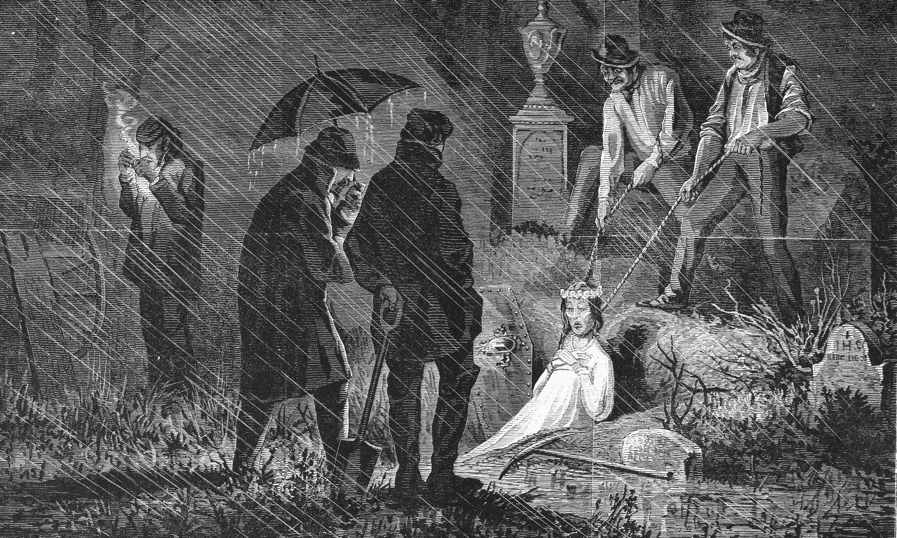 A wood engraving of bodysnatchers at work in 1868.