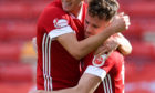 Aberdeen's Ross McCrorie (L) celebrates making it 1-0 with Marley Watkins