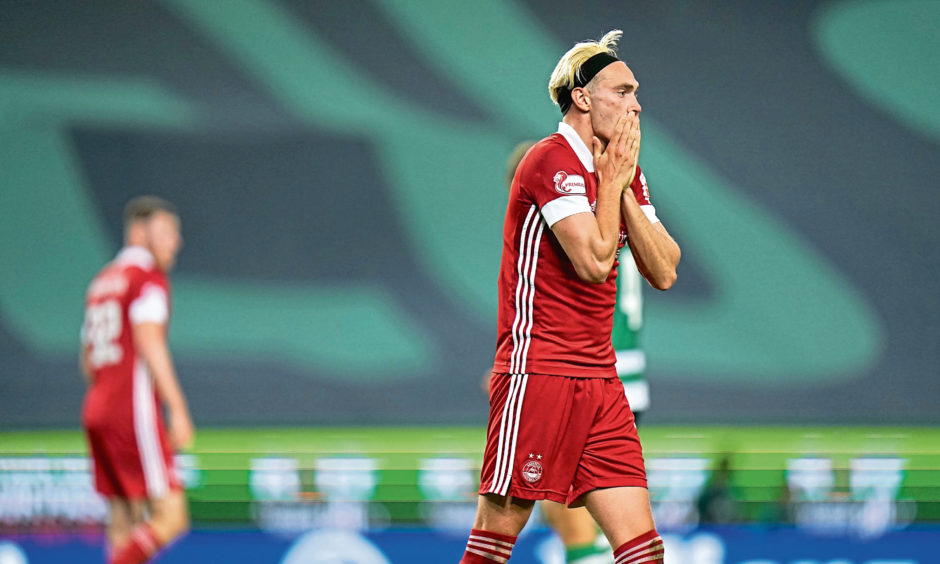 Aberdeen's Ryan Hedges is left frustrated after missing a chance during the UEFA Europa League 3rd Round qualifier against Sporting Lisbon.