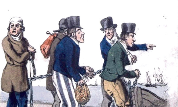 Contemporary drawing of newly arrived convicts in a chain gang Down Under