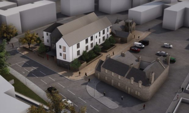An artist's impression of the block of flats and CAB office proposed for 62 King St Mairn by Highland Council.