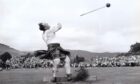Local games heavyweight Bill Anderson puts the maximum effort into his hammer throw at the Braemar Gathering in 1969 (Photo: AJL)