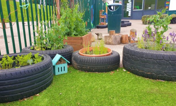 The grass in the new outdoor play area at Mile End School