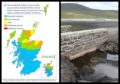 Sepa's map showing water scarcity levels and right: an old stone bridge usually submerged in Loch Glascarnoch.