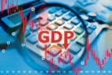 Gross domestic product. Magnifying glass over the GDP logo. Charts next to the calculator. Concept - reduction in government GDP. Concept - stop the world economy. Charts Predict Reduction.; Shutterstock ID 1714617151
