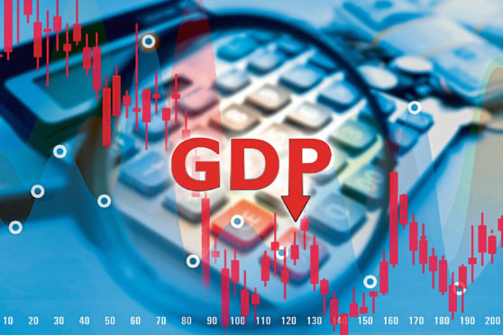 Gross domestic product. Magnifying glass over the GDP logo. Charts next to the calculator. Concept - reduction in government GDP. Concept - stop the world economy. Charts Predict Reduction.; Shutterstock ID 1714617151