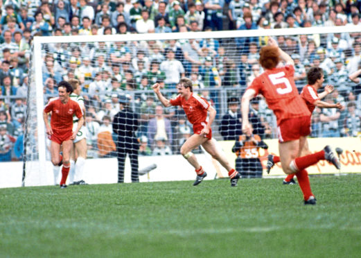 Alex McLeish and Dougie Bell celebrate Mark McGhee's goal in the 1984 Scottish Cup