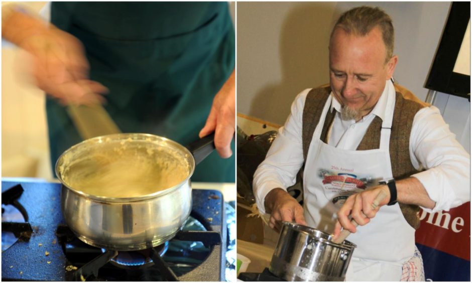 A collage with a pot with porridge on the stove on the left and Chris Young stirring the contents of a pot with a wooden spoon