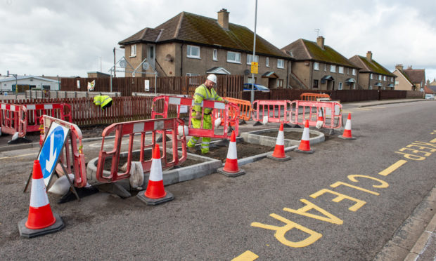 Work being started by Moray Council on a new island type school crossing outside the St Gerardine’s School.