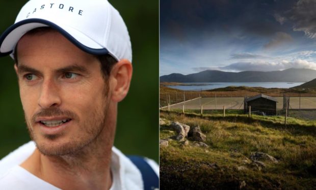 Sir Andy Murray, left, and Bunabhainneadar tennis court.