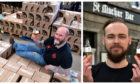 Denis Garden at the Six Degrees North Brewery, with boxes of beer ready for delivery, left, photograph by Chris Sumner. Darren Murray, right, with some of the St Machar Bar's at-home whisky tasting bottles. Photograph by Kenny Elrick.